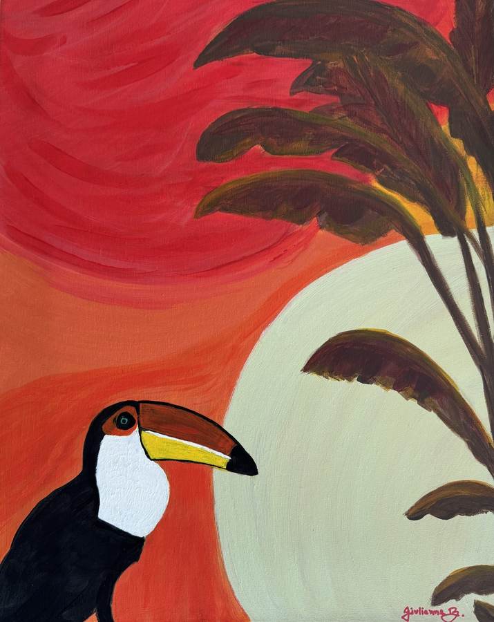Brazil — original painting of a toucan against a blazing tropical sun
