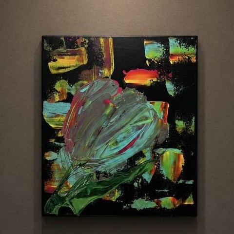 Dutch Flower — original painting of a tulip in thick sculptural paint against a black ground