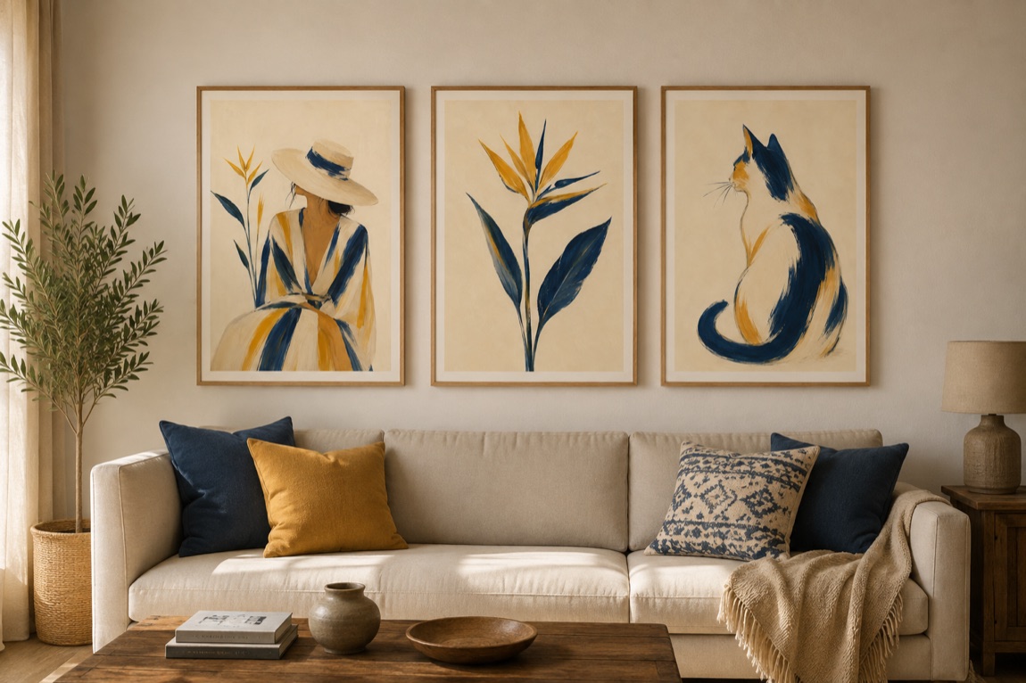 A styled room with framed prints on the wall