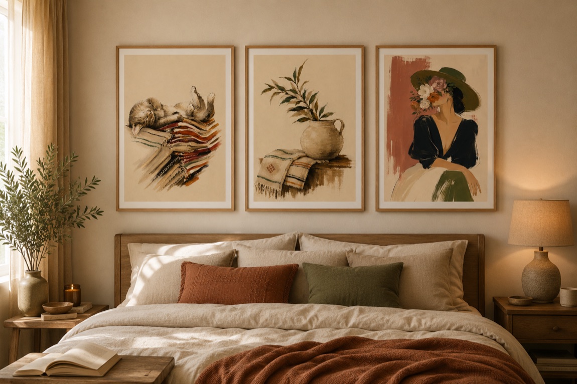 A styled room with framed prints on the wall