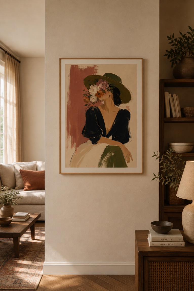 A styled room with framed prints on the wall