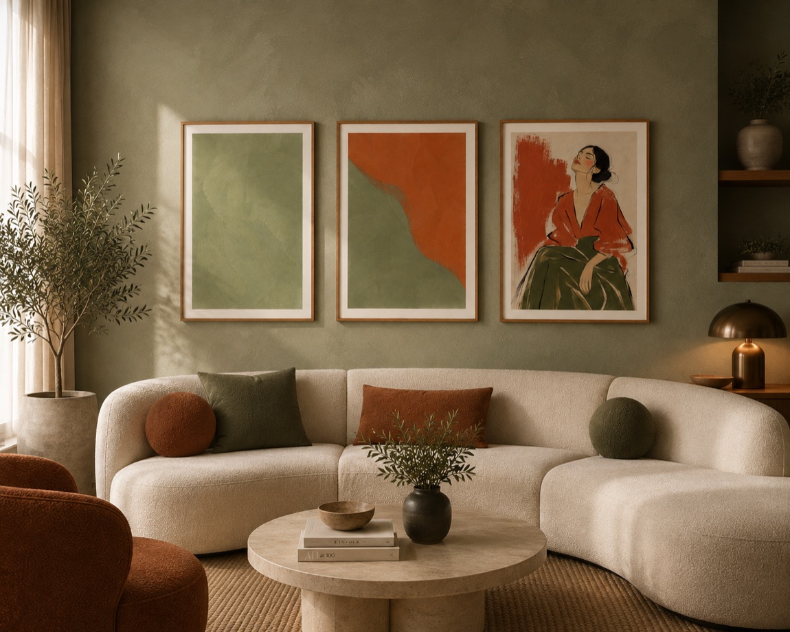A styled room with framed prints on the wall