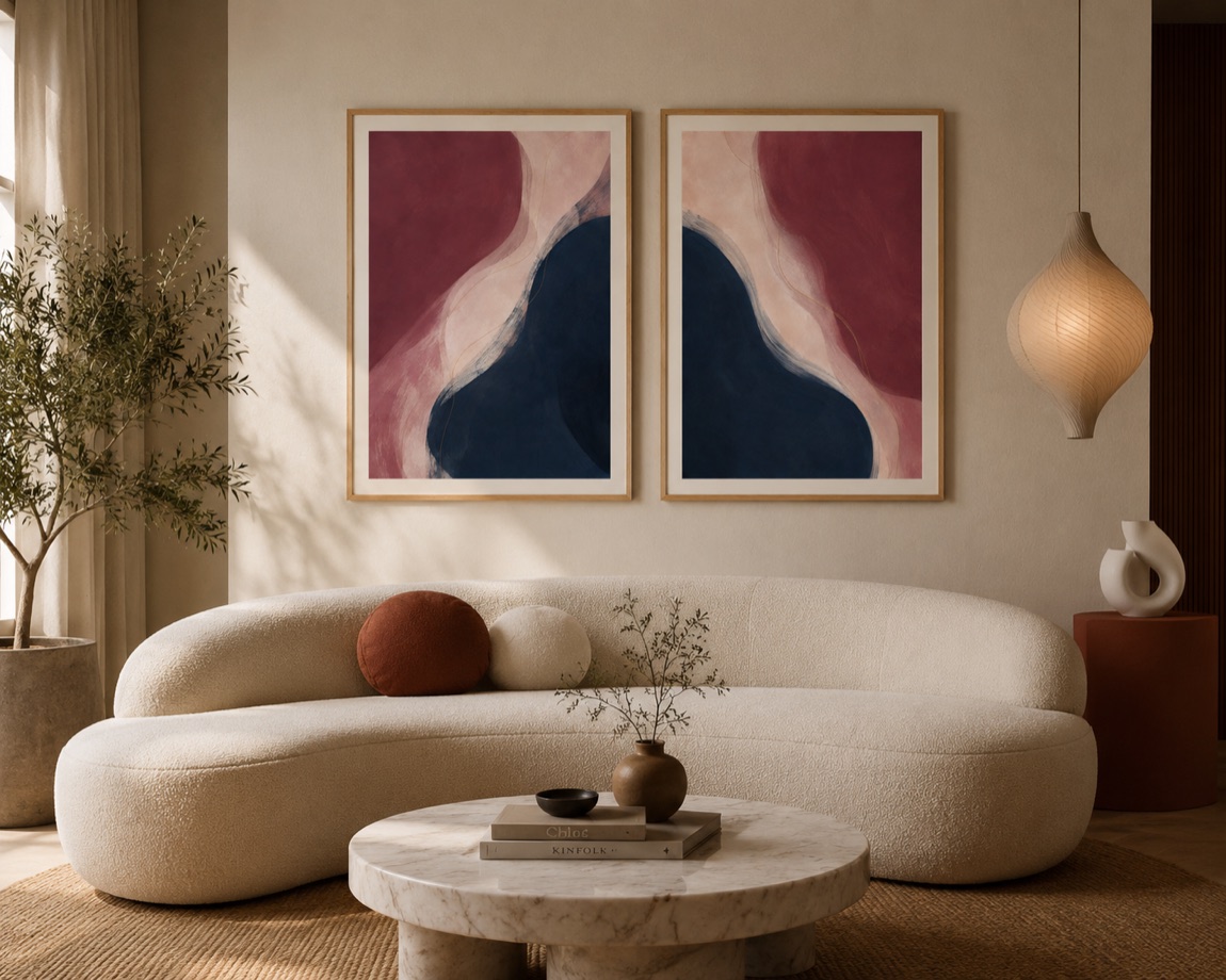 A styled room with framed prints on the wall