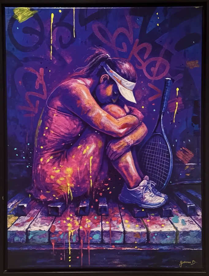 Resilience — original acrylic painting of a curled figure seated at a piano, by Giulianna Boscardin