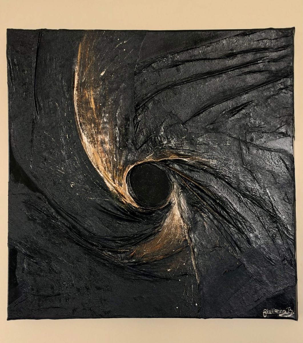 The Pull of the Center — original painting, a golden spiral swirling around a dark void in textured black, by Giulianna Boscardin